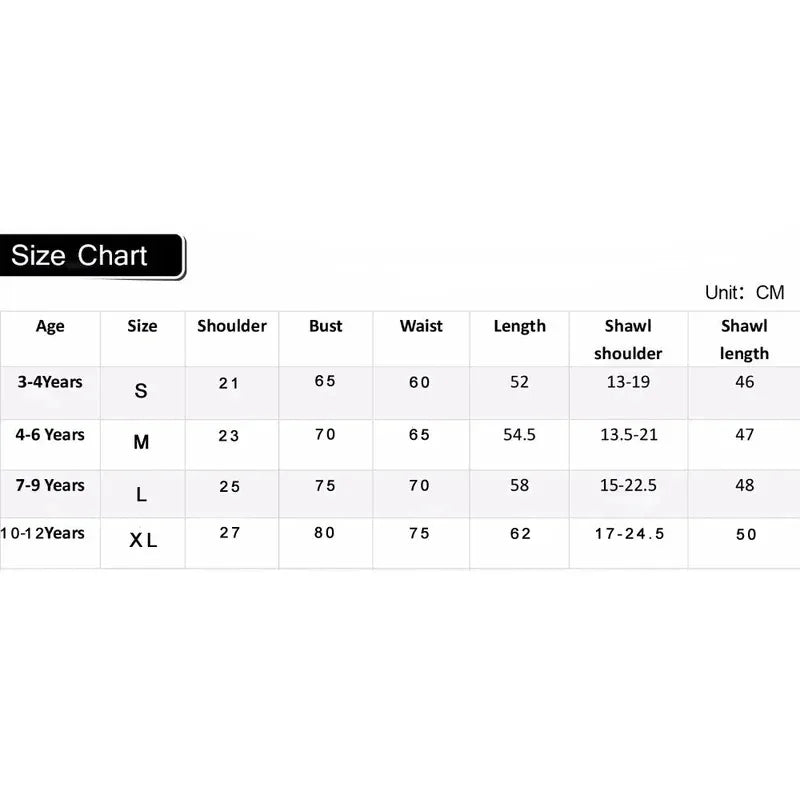 Size chart for batgirl costume for girls showing measurements for various age groups