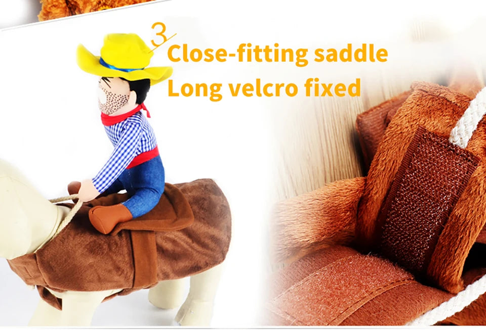 Cute cowboy dog costume for Halloween featuring a plush saddle and cowboy figure
