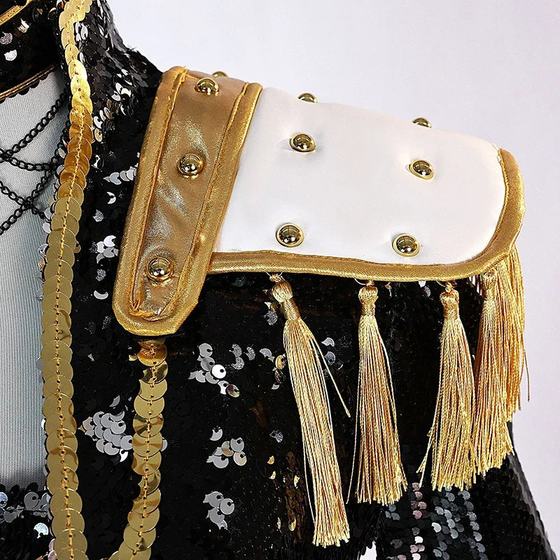 Stylish KPop demon hunter cosplay costume for girls featuring sequins and gold accents