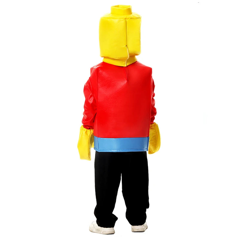 Kids ninja lloyd costume featuring a bright red and blue outfit with a distinctive yellow mask