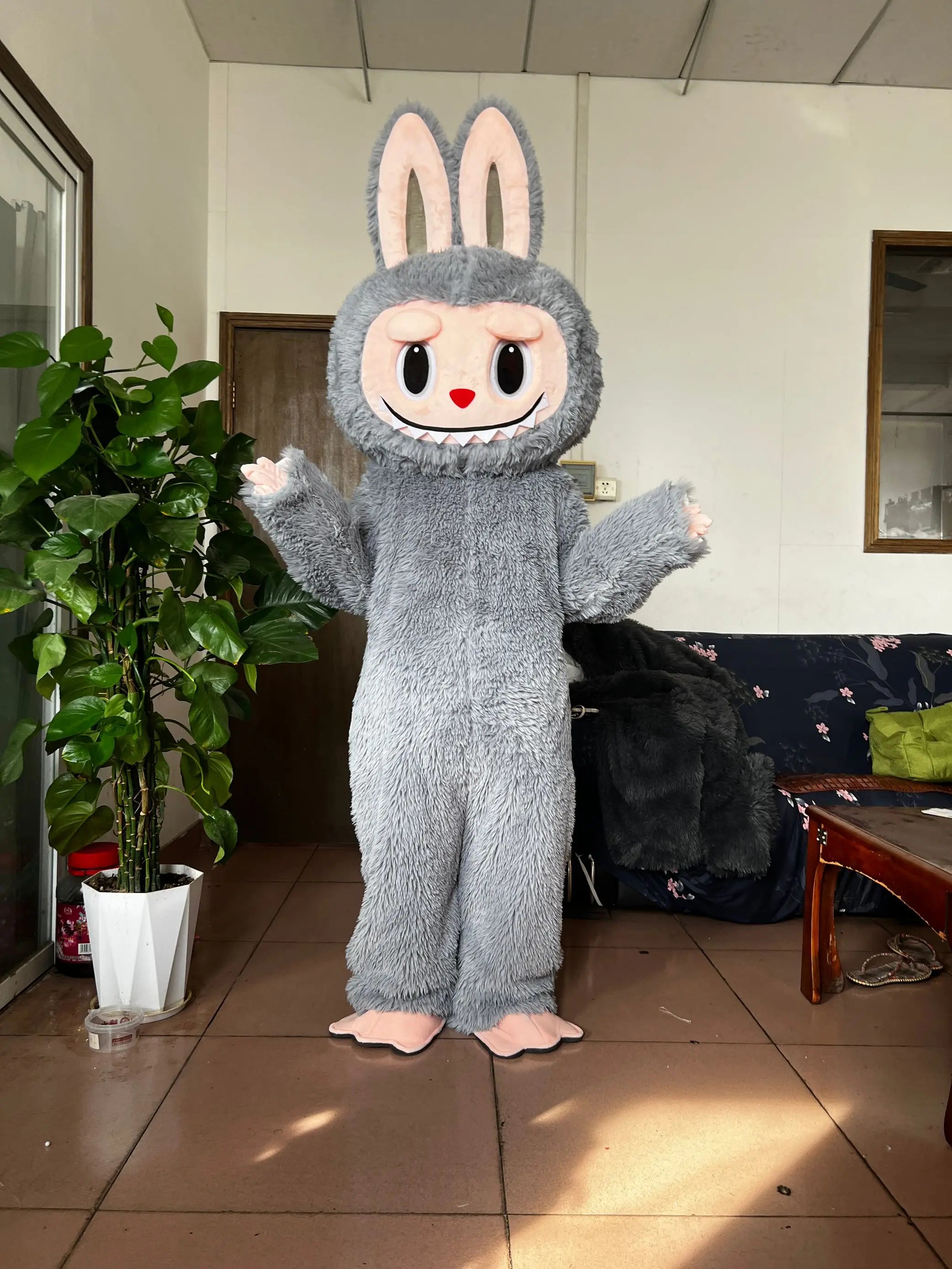 Zoomies & Co Gray Bunny Mascot Costume with Large Head and Soft Fur for Events and Parties