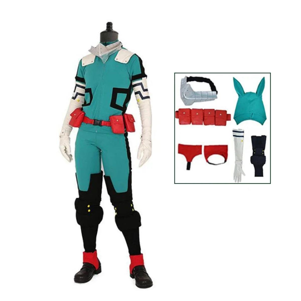My Hero Academia cosplay costume featuring teal jumpsuit with accessories for fans of the series