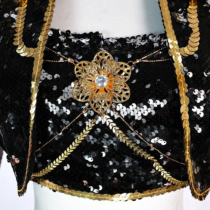 Shiny black sequin top of KPop demon hunter cosplay costume for girls with decorative golden accents