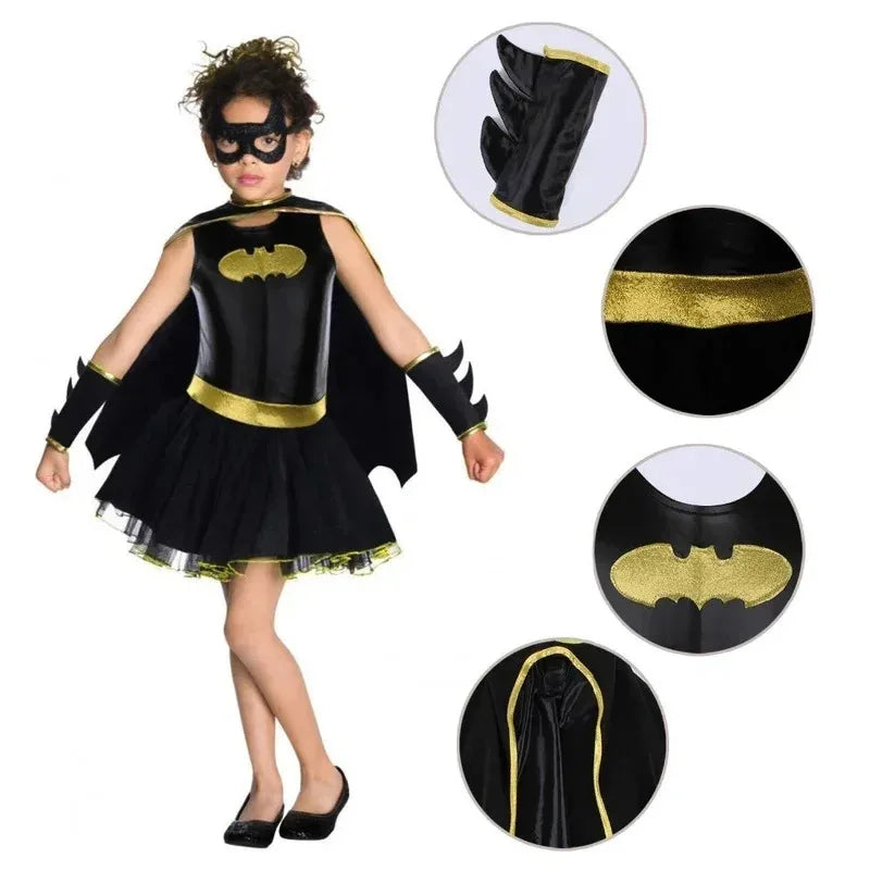 Fun batgirl costume for girls featuring a black dress, gold accents, and a stylish cape