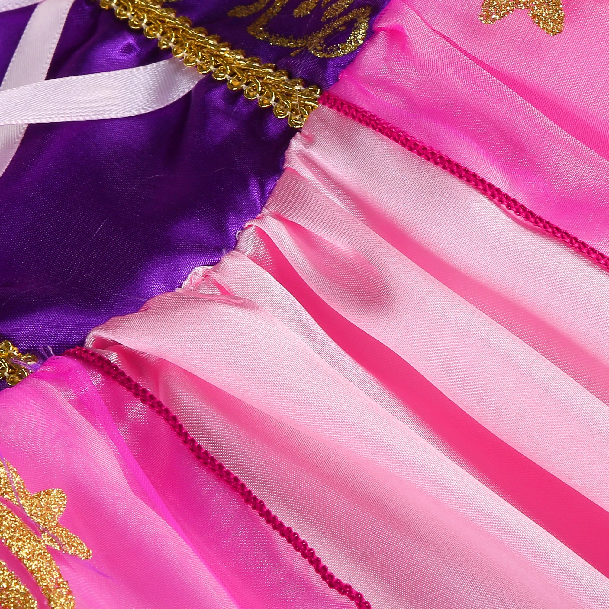 Disney Rapunzel Costume Dress featuring vibrant purple and pink colors with glittery details