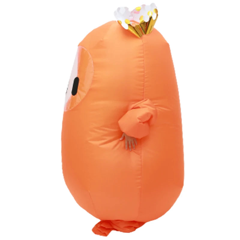 Fun Fall Guys inflatable costume in orange with cupcake headpiece for playful dress-up occasions