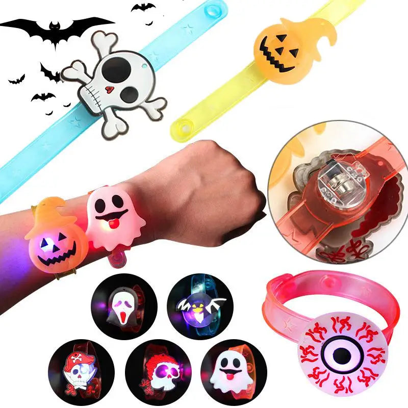 Colorful Halloween party bracelets and rings featuring ghosts, pumpkins, and skull designs