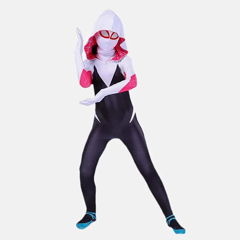 Children's Spiderman superhero Halloween costume featuring a full bodysuit with hood and Spidey design