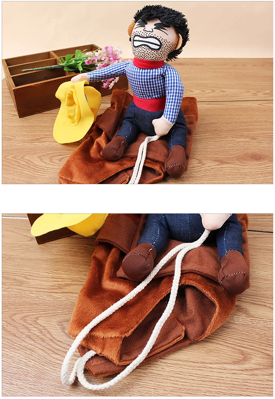 Cowboy dog costume for Halloween featuring a plush cowboy doll with accessories on a brown fabric base