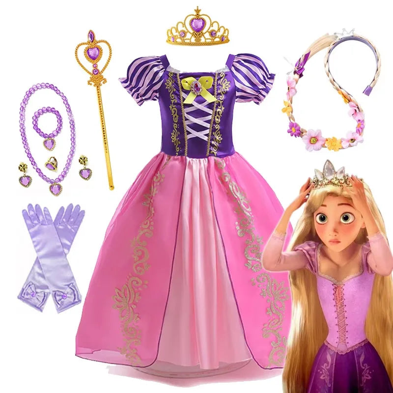 Disney Rapunzel Costume Dress with Accessories including Crown, Wand, and Gloves for Kids