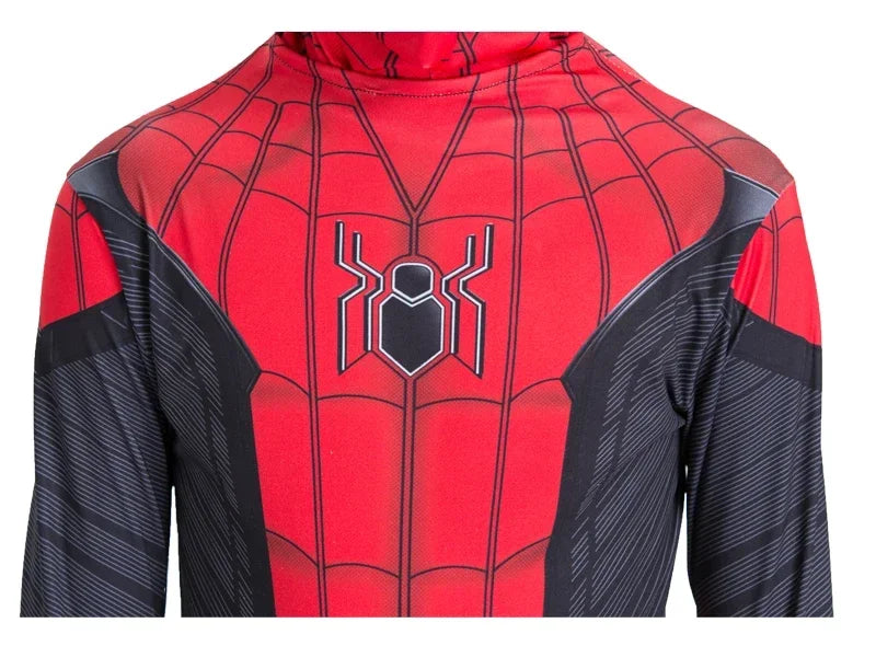 Spiderman superhero halloween costume featuring red and black detailed design for kids