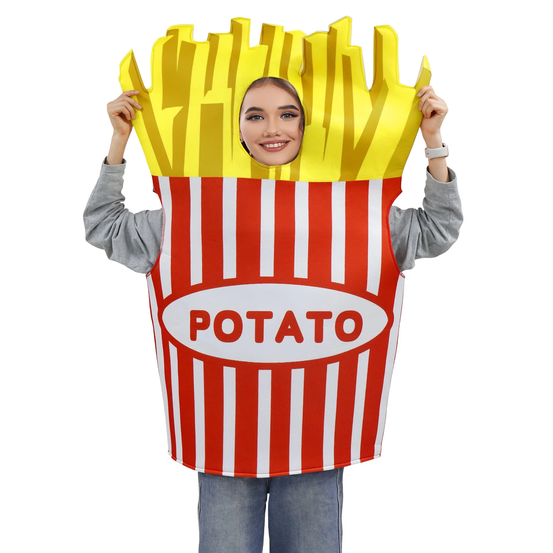 Fun Potato French Fry Costume for Kids featuring Yellow and Red Stripes, Perfect for Ketchup and Mustard Costume Set