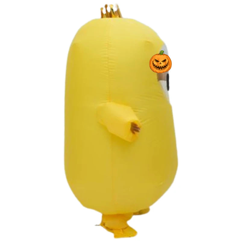 Bright yellow Fall Guys inflatable costume with pumpkin mask for festive celebrations