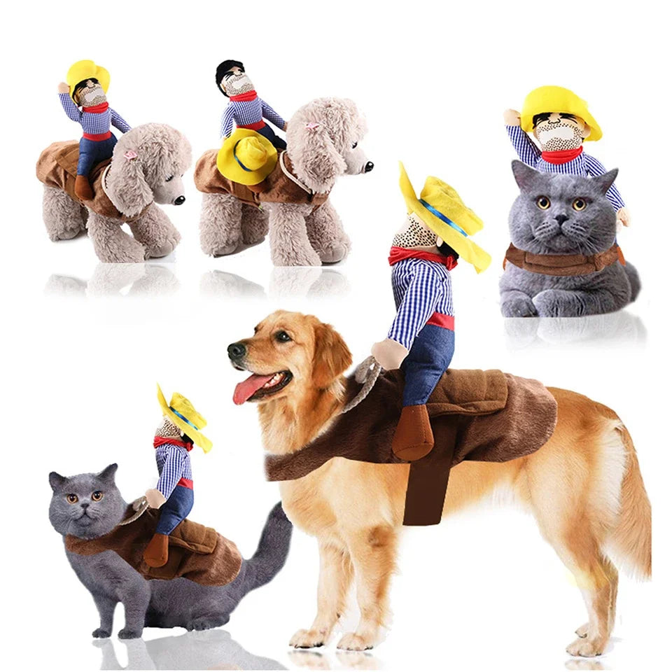 Adorable cowboy dog costume for Halloween featuring plush cowboy and horse design on a dog and cat