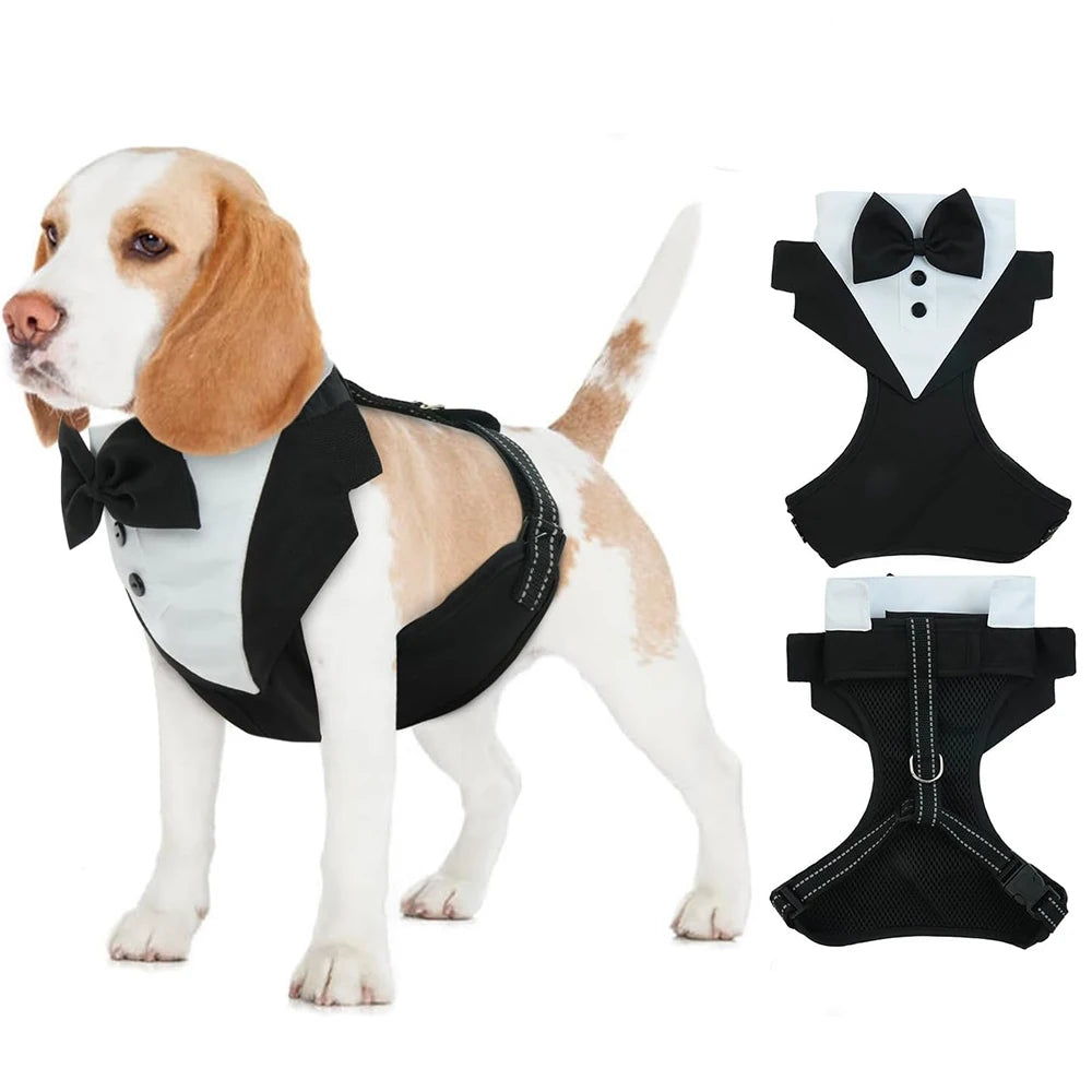 Dog Tuxedo Dress Set featuring a stylish bowtie and formal design for pets on special occasions