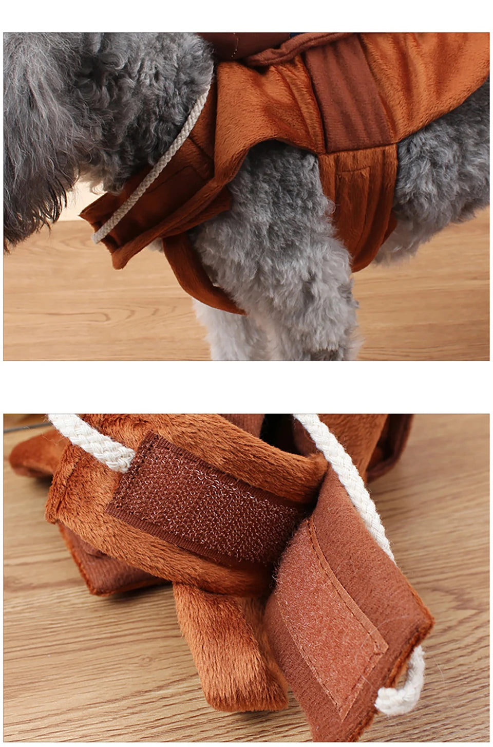 Cowboy dog costume for Halloween featuring a soft brown fabric and adjustable straps for comfort