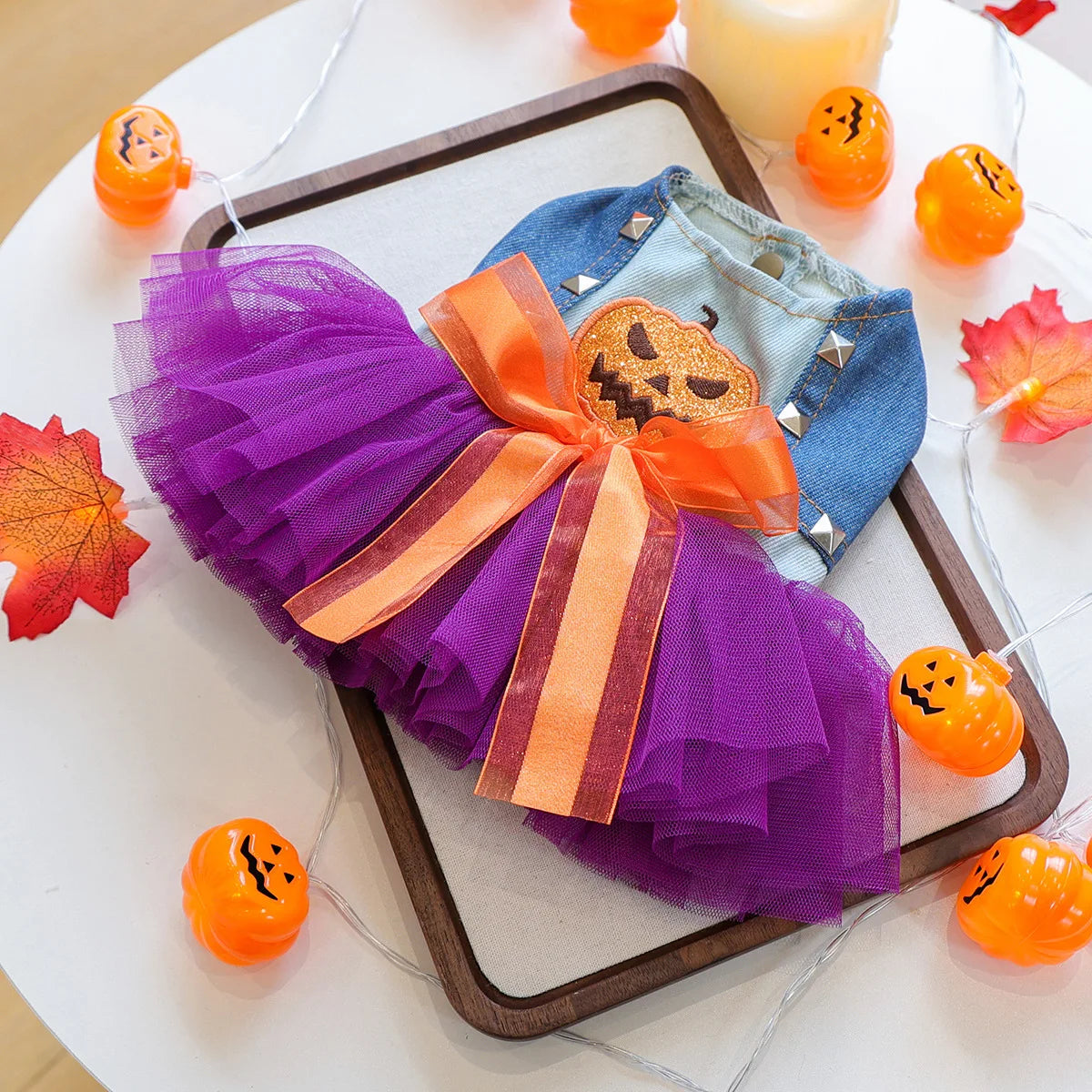Cute Halloween pumpkin skirt for pets with colorful tulle and festive pumpkin design