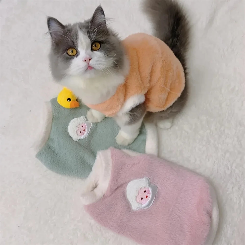 Soft fleece cat vest for winter available in pink and green colors with cute animal patches