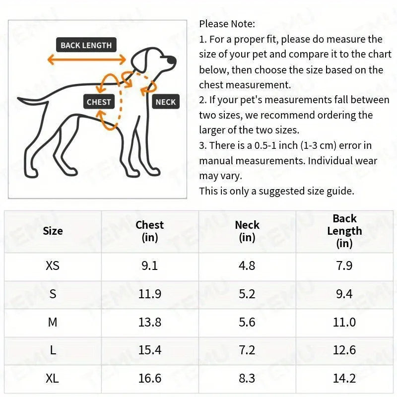 Size chart for soft fleece cat vest for winter, with measurements for chest, neck, and back length