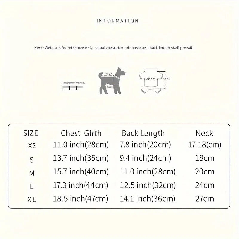 Winter size chart for soft fleece cat vest for winter with measurements for different sizes