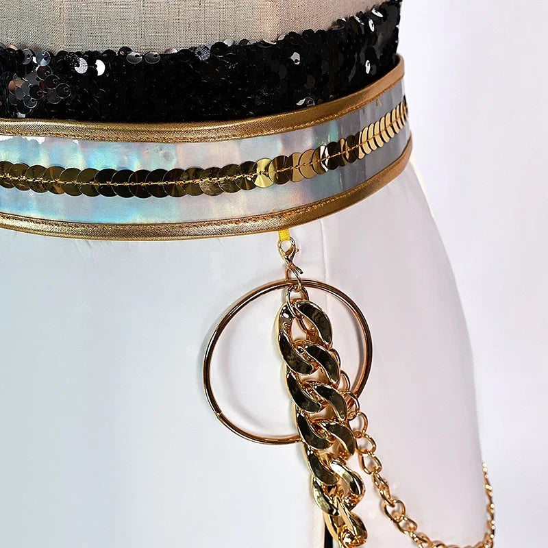 Detail of KPop demon hunter cosplay costume for girls featuring sequined belt and metallic accents