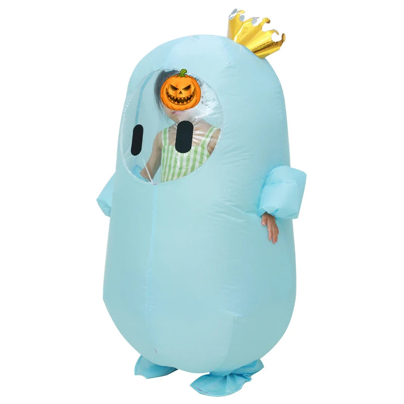 Light Blue Fall Guys inflatable costume with a pumpkin head and a gold crown for fun dress-up occasions