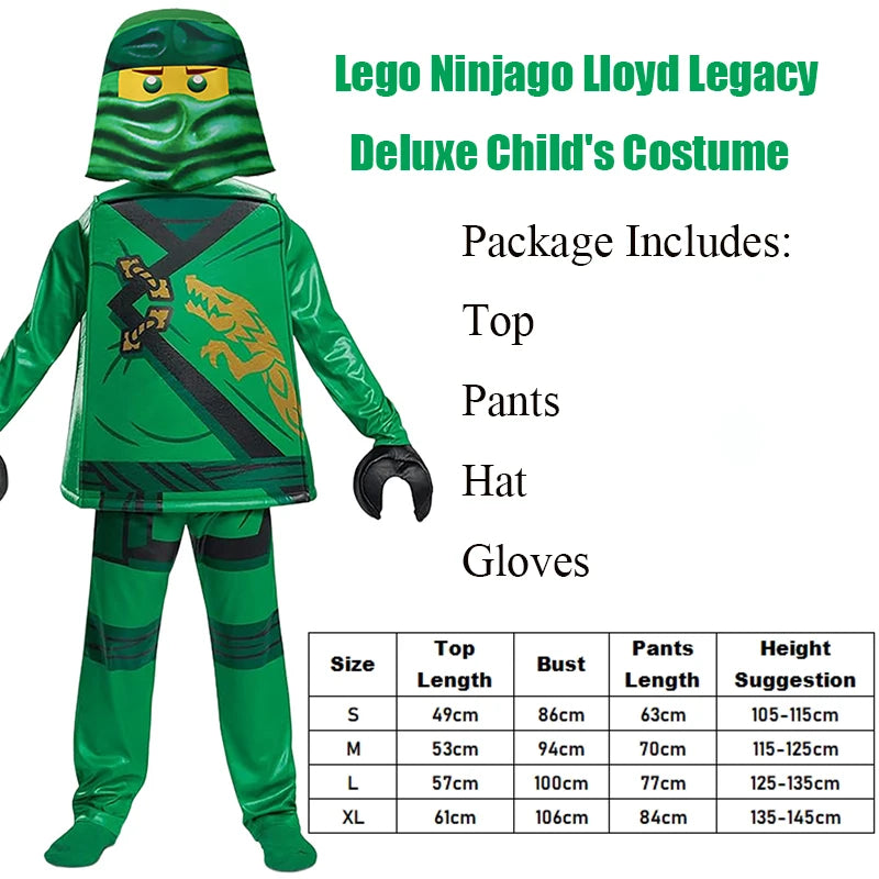 Kids ninja lloyd costume featuring a green top, pants, hat, and gloves for Lego Ninjago fans