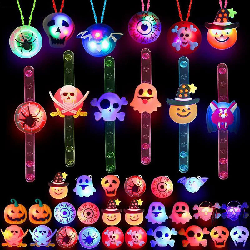 Colorful Halloween party bracelets and rings with spooky designs for festive celebrations