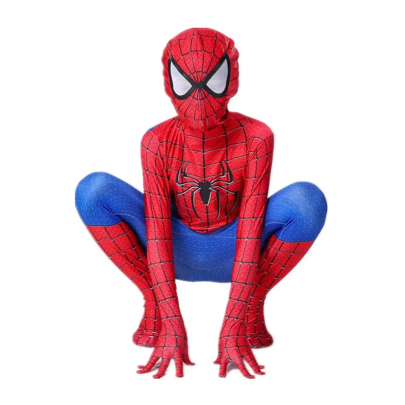 Child wearing Spiderman superhero Halloween costume with iconic red and blue web design