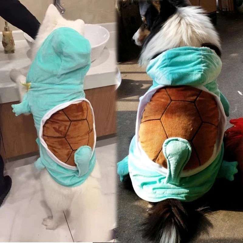 Funny dog Halloween costume featuring a turtle design with a shell and tail for pets