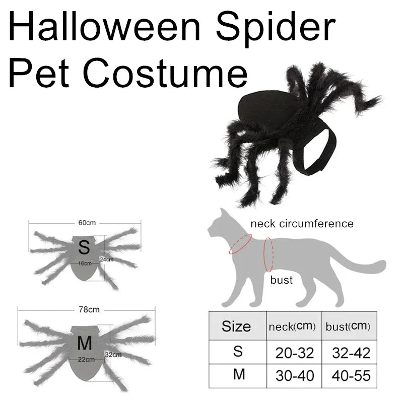 Halloween spider costume for dogs and cats with adjustable sizes and fluffy leg details