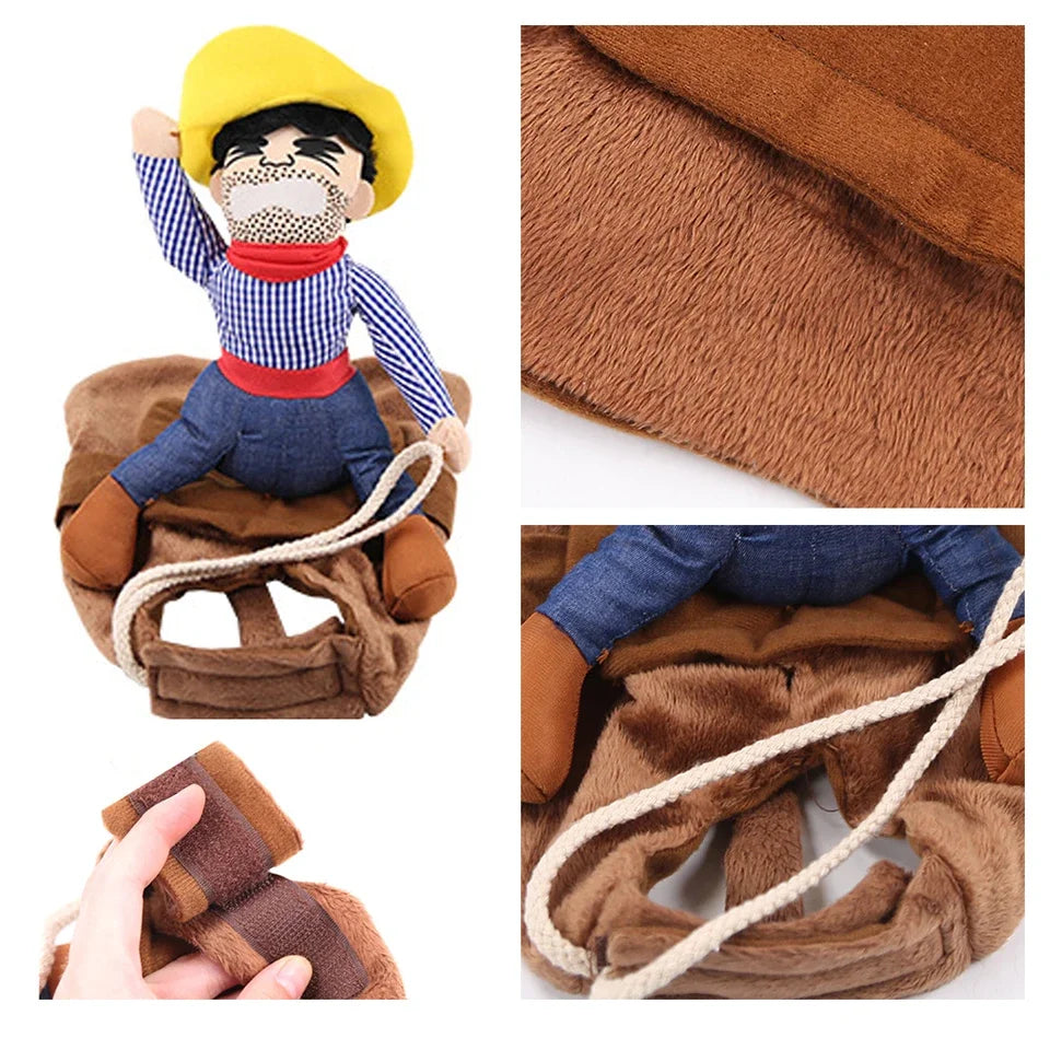 Adorable cowboy dog costume for Halloween featuring plush fabric and a cowboy figure