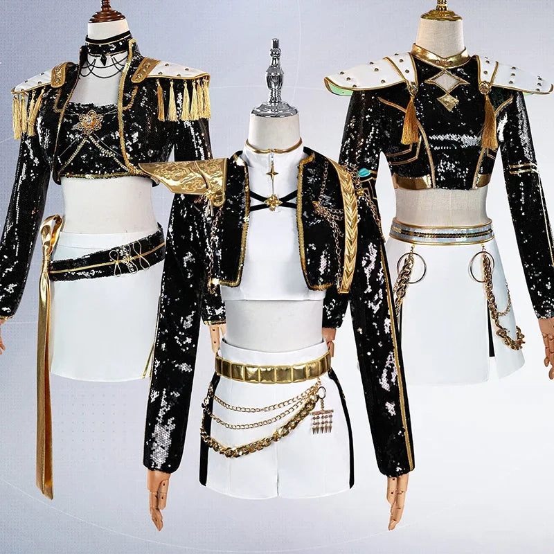 KPop demon hunter cosplay costume for girls featuring sequined details and stylish accessories
