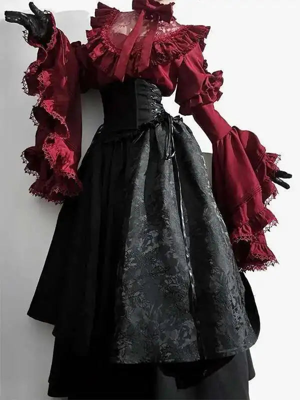Marie Antoinette Victorian cosplay dress with ruffled sleeves and elegant black skirt