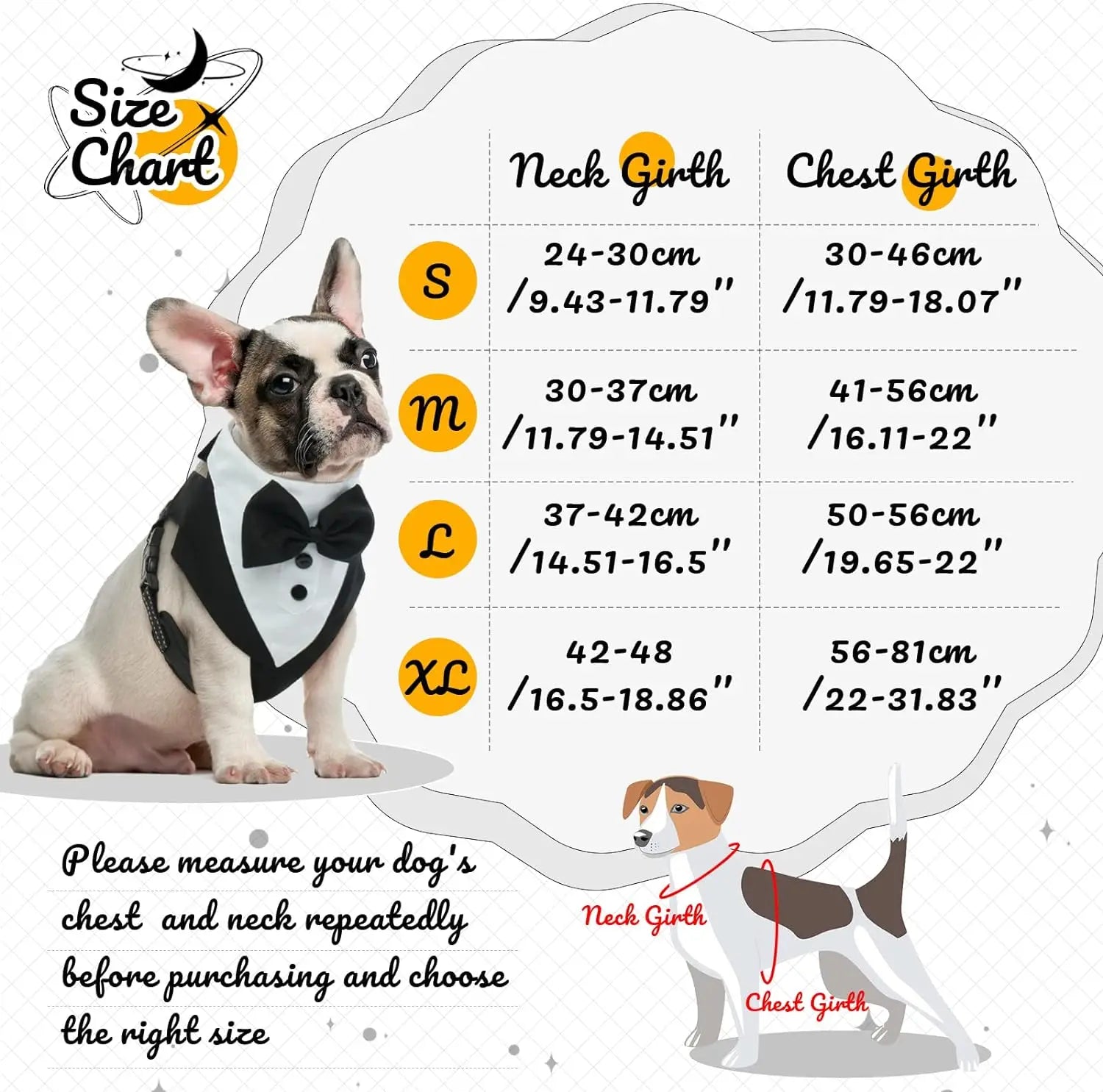 Size chart for Zoomies & Co dog tuxedo dress set with neck and chest girth measurements