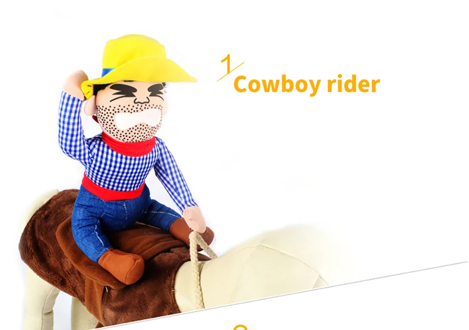 Adorable cowboy dog costume for Halloween featuring a cowboy rider on a plush horse