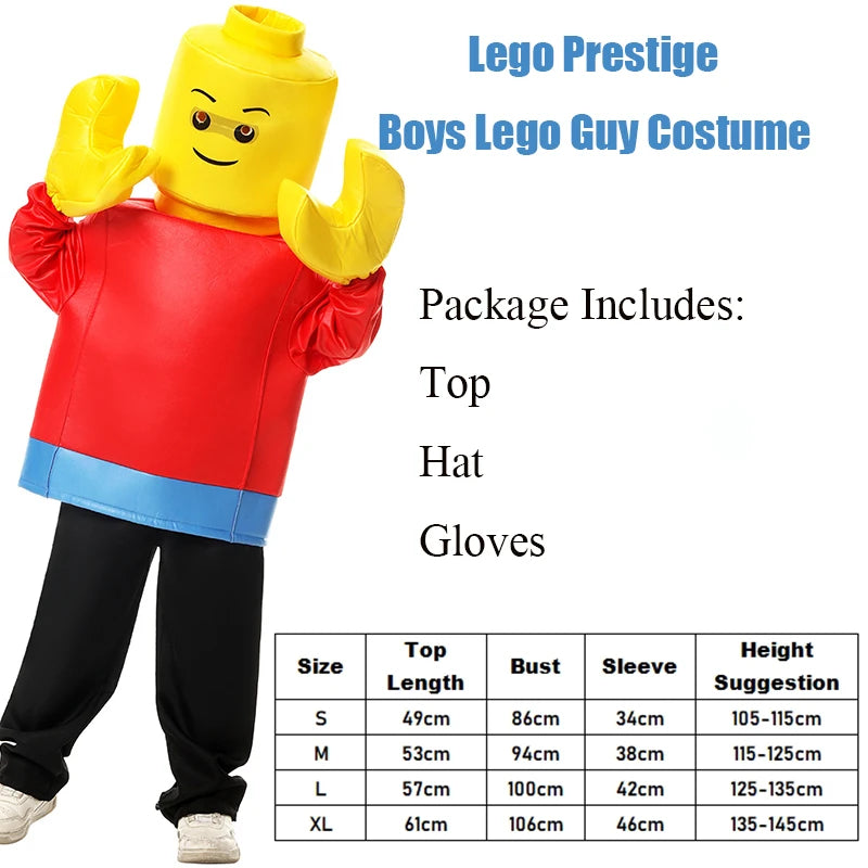 Kids Ninja Lloyd costume with a yellow Lego style head, red top, and gloves for imaginative play