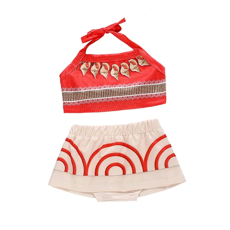 Moana costume for little girls featuring a red halter top and a white skirt with red designs