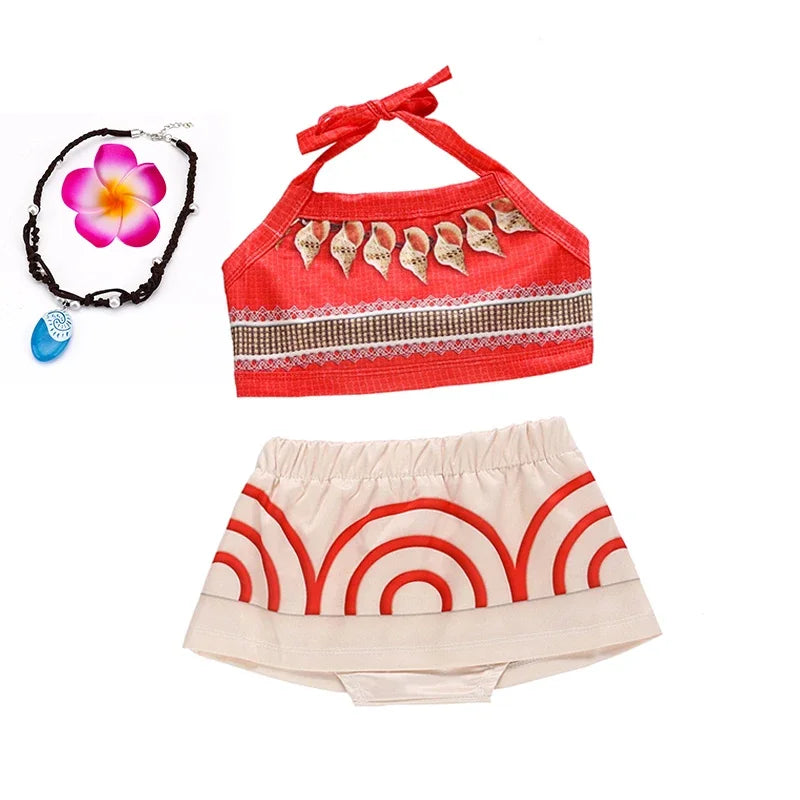 Moana costume for little girls featuring a red top, layered skirt, and accessories for imaginative play