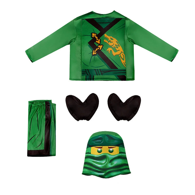 Kids Ninja Lloyd Costume from Zoomies & Co featuring a green top, pants, mask, and accessories for imaginative play