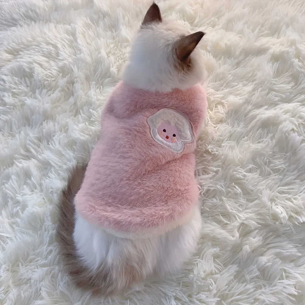 Cute pink soft fleece cat vest for winter with a snowman design on the back
