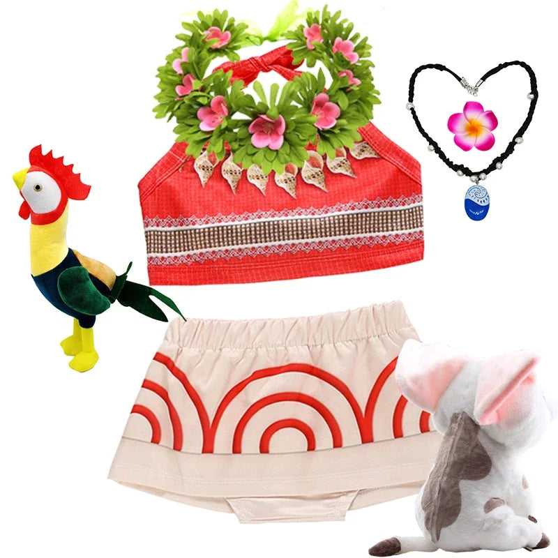 Moana costume for little girls featuring red top, beige skirt, plush toys, and flower accessories