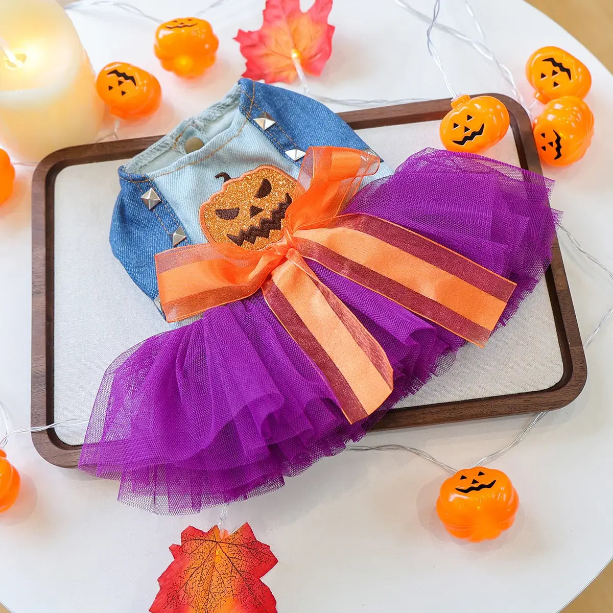 Cute Halloween pumpkin skirt for pets with denim top and purple tulle overlay