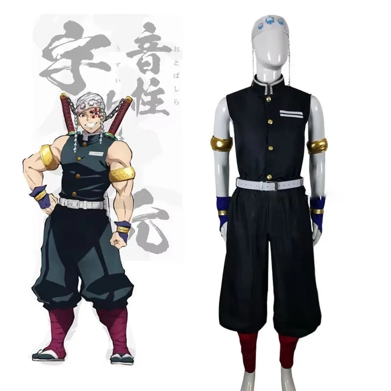 Demon Slayer Uzui Tengen wig and uniform set displayed on a mannequin with vibrant details