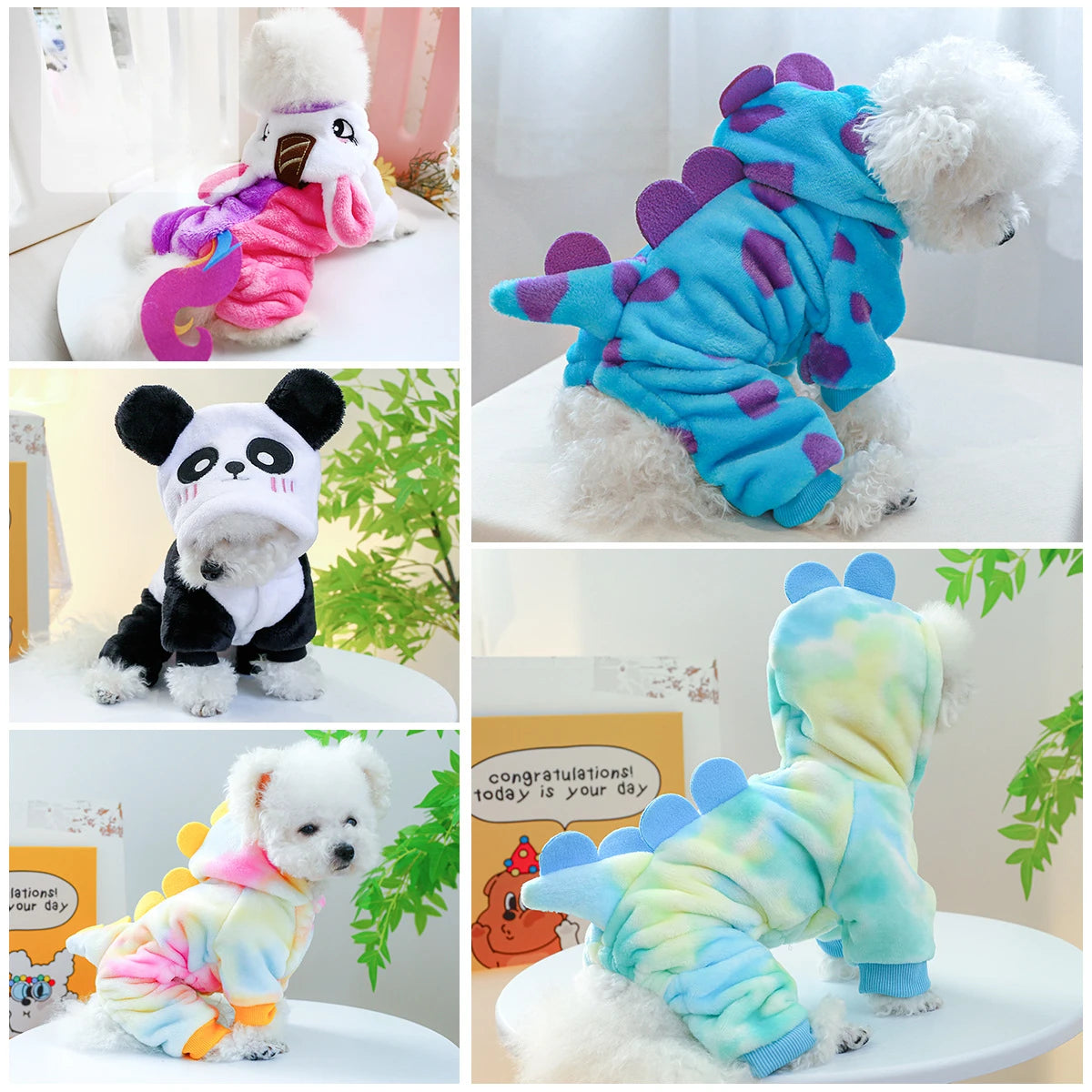 Adorable pets in various colorful dinosaur dog costume hoodies for stylish and cozy wear