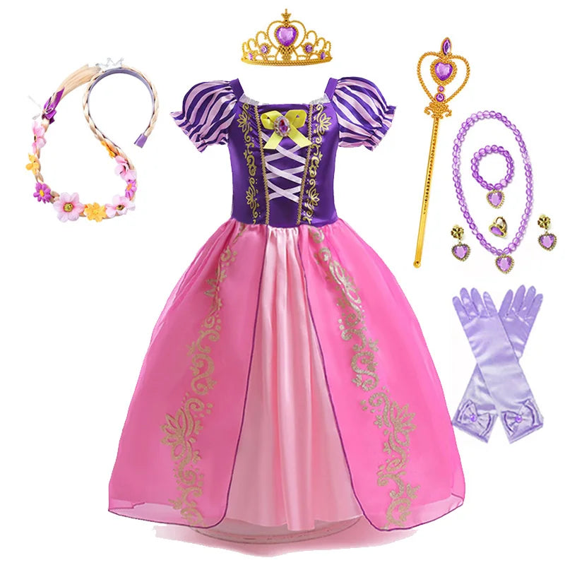 Disney Rapunzel Costume Dress with Accessories including Crown, Wand, and Gloves for Dress-Up Fun