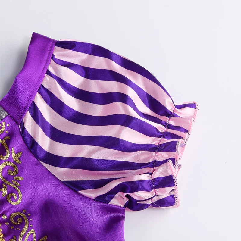 Disney Rapunzel Costume Dress in purple with striped sleeves and gold detailing for kids