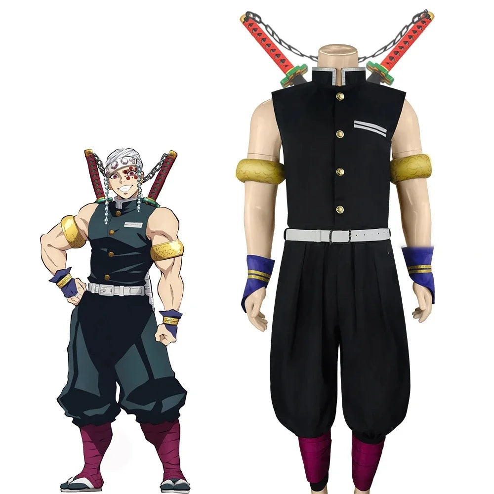 Demon Slayer Uzui Tengen wig and uniform costume set with swords for anime fans
