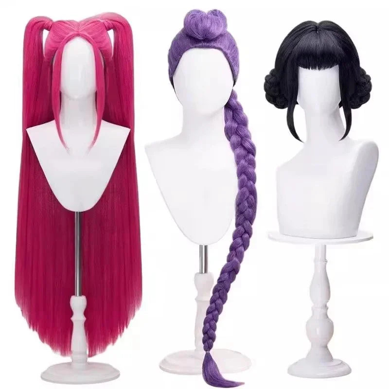 Three colorful wigs for KPop demon hunter cosplay costume for girls in pink, purple, and black styles