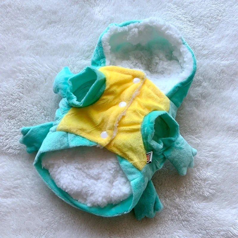Funny dog Halloween costume featuring a cozy frog design with a yellow vest and soft lining